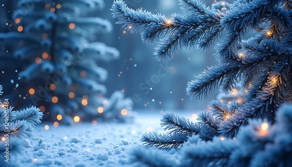 Fototapeta Winter pine trees with snow and lights in a misty forest