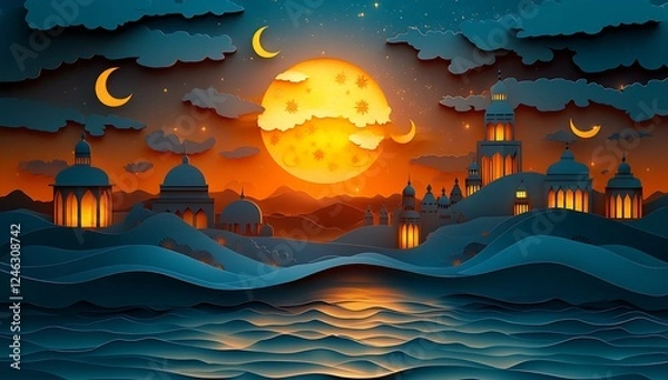Obraz Vibrant Sunset Over Cityscape with Glowing  Domes Waves  and Large Moon

