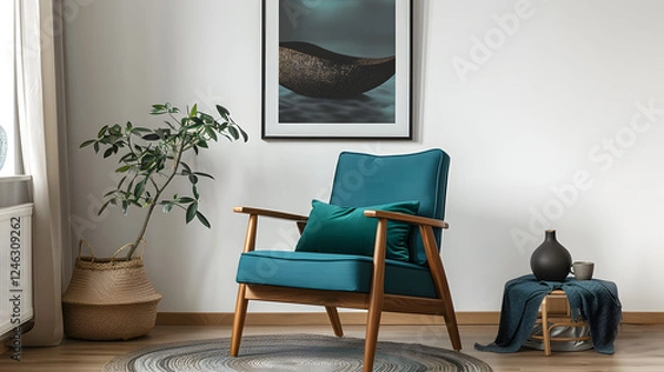 Obraz Wooden chair with teal cushion against white wall with art poster frame. Mid-century style home interior design of modern living room