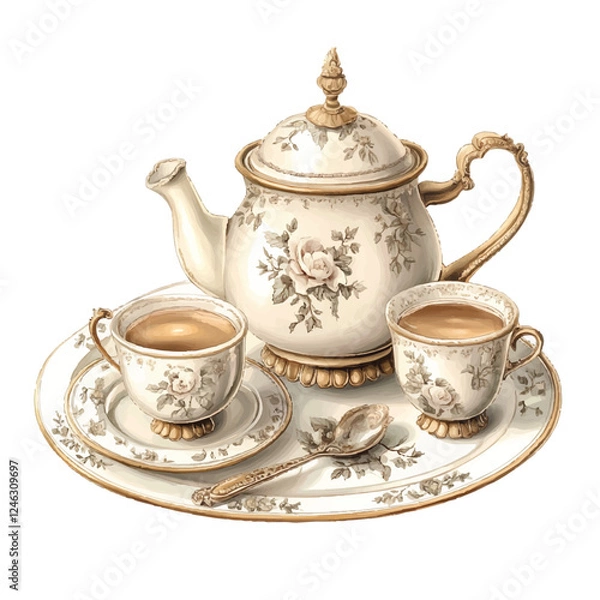 Obraz Elegant Chinoiserie Tea Cup Set | Vintage Porcelain Teacup Clipart Vector Illustration
