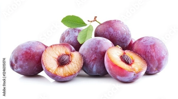 Obraz Fresh juicy plums with leaves on white background