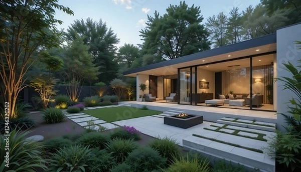 Fototapeta A modern house’s backyard with sleek landscaping, lush greenery, and a cozy outdoor seating area, perfect for relaxation.