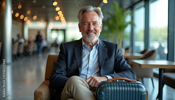 Obraz 品格あるビジネスマン、空港ラウンジでくつろぐ｜ダークブルーのスーツを着て、スーツケースを横に置いてリラックスした待機時間｜ビジネス旅行の瞬間