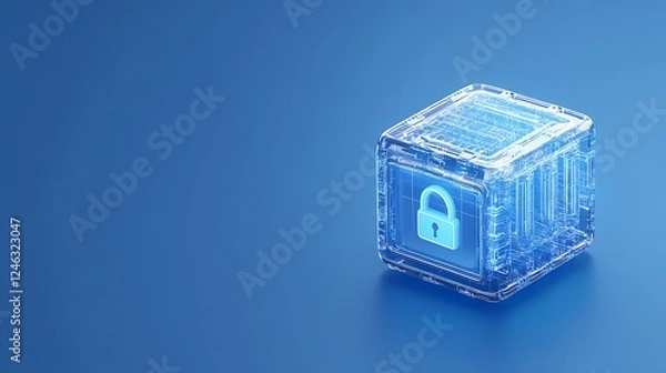 Fototapeta Transparent cube with digital padlock symbol representing data security and information protection concepts