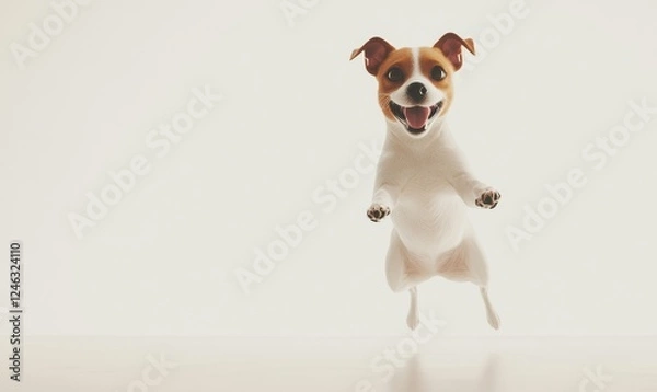 Fototapeta Playful Jack Russell Terrier jumping with joy on a simple background, ideal for pet-related projects