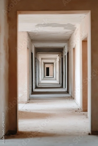 Fototapeta A long corridor stretches forward, lined with numerous doors. Some doors stand ajar, hinting at choices and mysteries waiting to be uncovered in the dim light