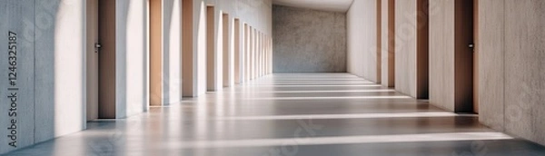 Fototapeta A long corridor stretches into the distance, softly illuminated, with numerous doors slightly ajar. This setting evokes a sense of mystery, symbolizing choices awaiting exploration