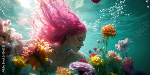 Fototapeta This dreamy underwater photograph portrays a woman drifting among vibrant blossoms, capturing a surreal essence of beauty, emotion, and ethereal freedom in a serene tableau.