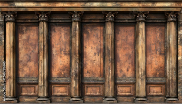 Fototapeta Rustic aged wooden wall paneling with classical columns; ideal for background or texture.