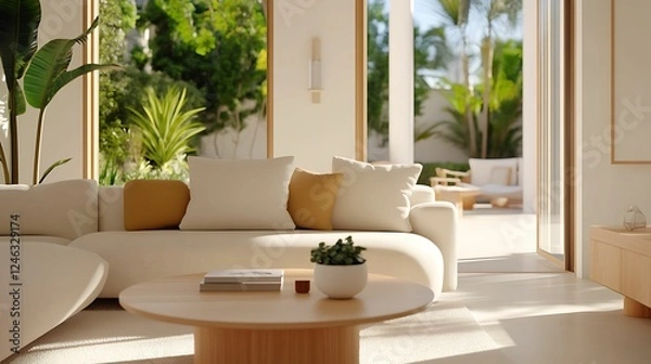 Fototapeta minimalist, living room, interior, design. A bright, modern living room featuring a cozy sofa, stylish decor, and lush greenery, creating a serene and inviting atmosphere.