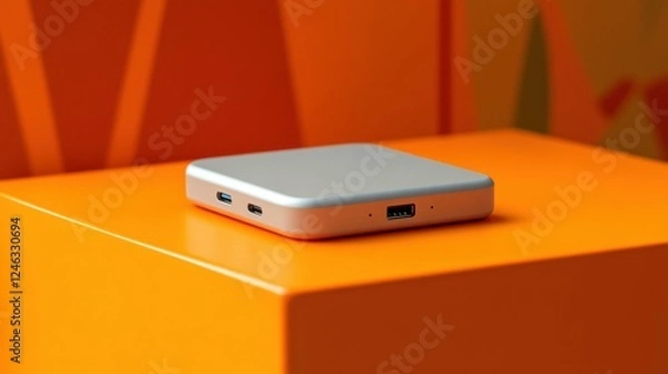 Fototapeta Fast-charging USB-C adapter in matte gray, sitting on a vibrant orange surface for a modern aesthetic.