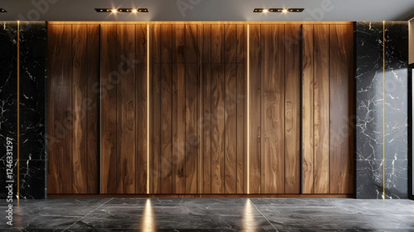 Obraz Wooden wardrobe against black marble wall in minimalist style interior design of modern bedroom