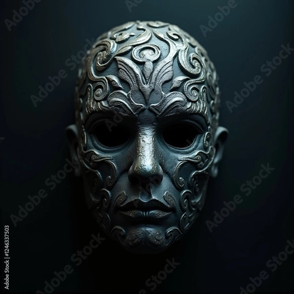 Fototapeta A Mysterious Ornate Mask With Intricate Carvings And Hollow Eyes Creating An Ominous Presence.