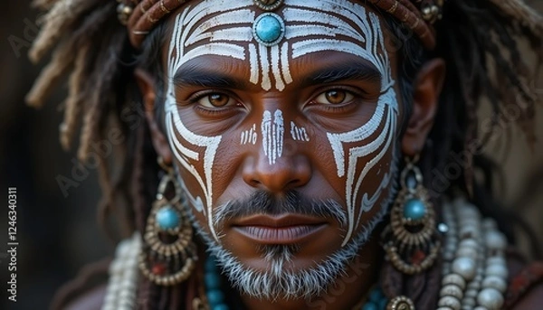 Fototapeta A tribal man with intricate face paint, adorned with traditional jewelry and headgear, reflecting deep cultural heritage.
