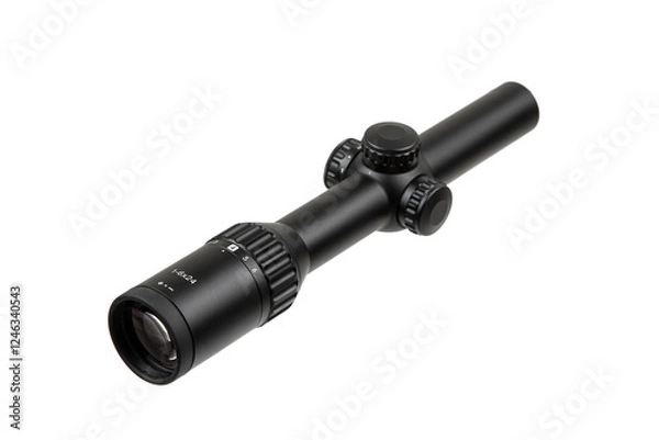 Fototapeta A black rifle scope with adjustment knobs and magnification settings, ideal for precision shooting and hunting. Isolate on white back