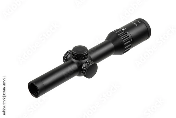 Fototapeta A black rifle scope with adjustment knobs and magnification settings, ideal for precision shooting and hunting. Isolate on white back