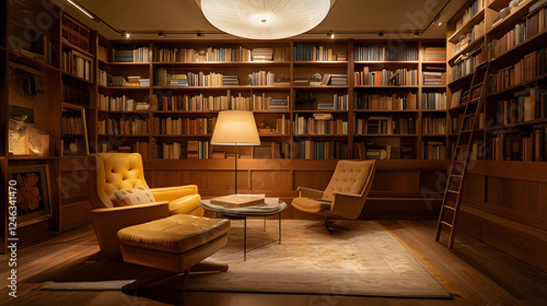 Fototapeta A_library_with_floor-to-ceiling_wooden_bookshelves