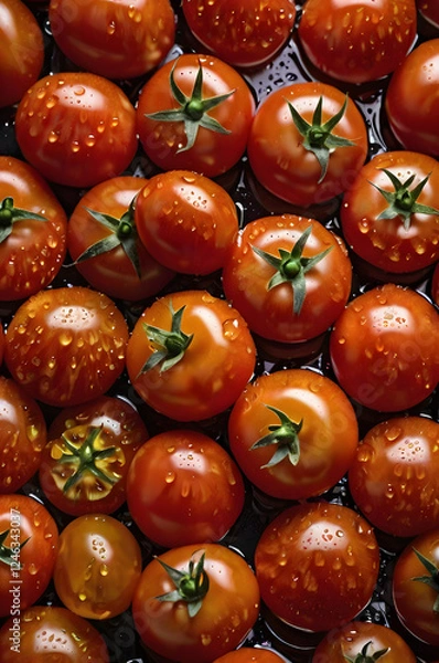 Fototapeta Juicy Cherry Tomatoes: A vibrant close-up shot showcasing a profusion of glistening cherry tomatoes, each adorned with tiny water droplets, creating a mouthwatering display of freshness and color.