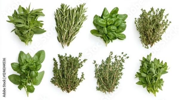 Obraz Assorted fresh herbs collection isolated on white: basil, rosemary, thyme, sage