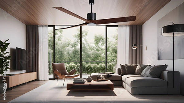 Fototapeta A_modern_ceiling_fan_spinning_in_a_sleek_well-lit