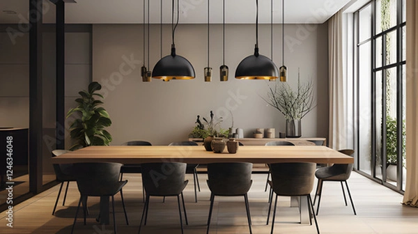Fototapeta A_modern_dining_area_with_a_long_wooden_table_elegant