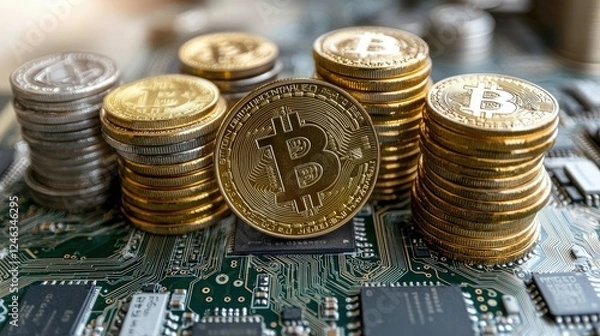 Obraz Bitcoin Cryptocurrency on Circuit Board: Digital Currency, Finance, and Technology