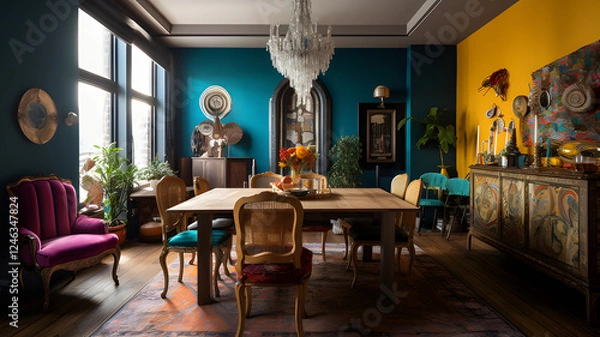 Fototapeta An_eclectic_dining_room_with_mismatched_chairs_bold