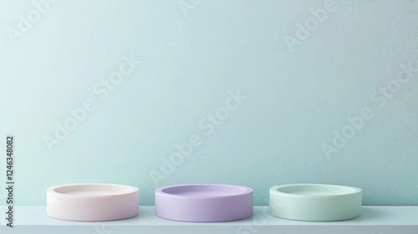 Fototapeta Three stands podiums in different color, minimalist clean empty green wall