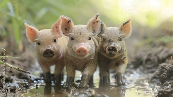 Fototapeta Three adorable piglets playfully wade through a muddy puddle in a lush green setting