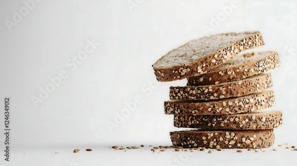Fototapeta Stack of healthy multi grains toast bread slices white background, seeds grains scattered around