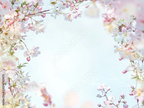 Fototapeta Delicate cherry blossoms frame soft pastel background, creating serene and dreamy springtime scene. gentle pink and white flowers evoke sense of tranquility and renewal