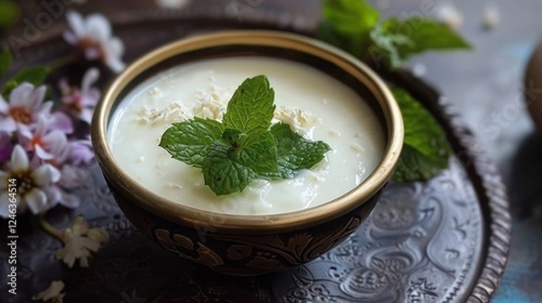 Obraz Refreshing Laban Yogurt Drink with Fresh Garnish