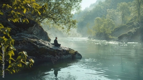 Obraz Tranquil Riverside with Person Sitting on a Rock
