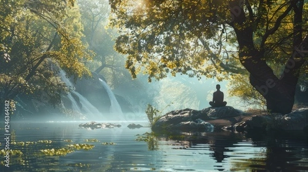 Obraz Tranquil Riverside with Person Sitting on a Rock