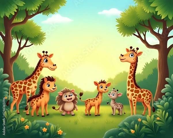 Fototapeta Cute cartoon safari zoo with animal frame border on background in watercolor style