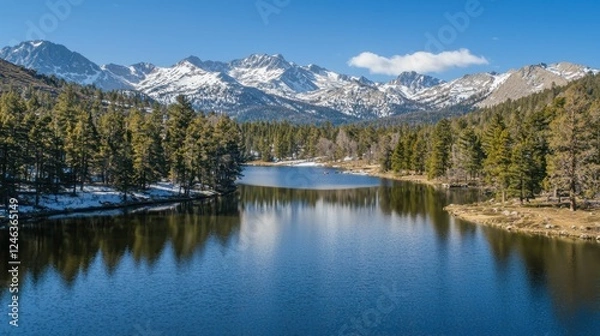 Fototapeta Serene Mountain Landscape with Tranquil Lake and Clear Blue Sky