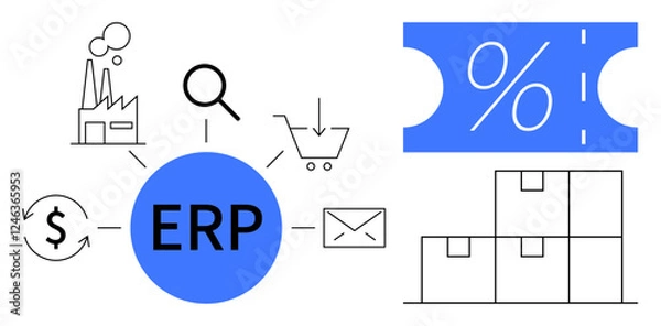 Fototapeta ERP at the center, linking to factory, magnifying glass, shopping cart, dollar sign, envelope. Additionally displayed discount symbol, stacked boxes. Ideal for supply chain operations sales