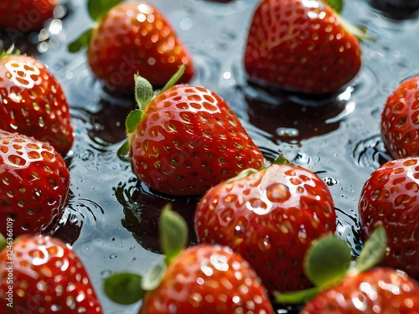 Obraz Fresh Strawberries: A close-up shot of plump, juicy strawberries, glistening with dew drops and arranged in a tantalizing pattern. The vivid red color and succulent texture make them irresistible.