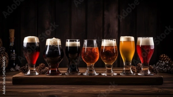 Obraz Varieties of Light and Dark Beer in Glasses for Brewing Enthusiasts and Pub Websites