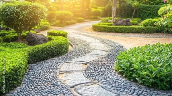 Fototapeta Serene Garden Pathway With Greenery and Sunlight in Background
