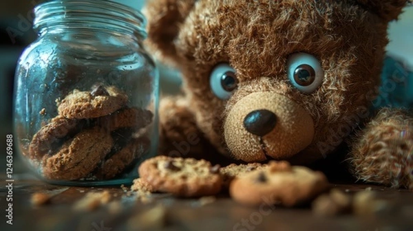 Obraz Cute teddy bear curiously inspecting a jar of homemade cookies