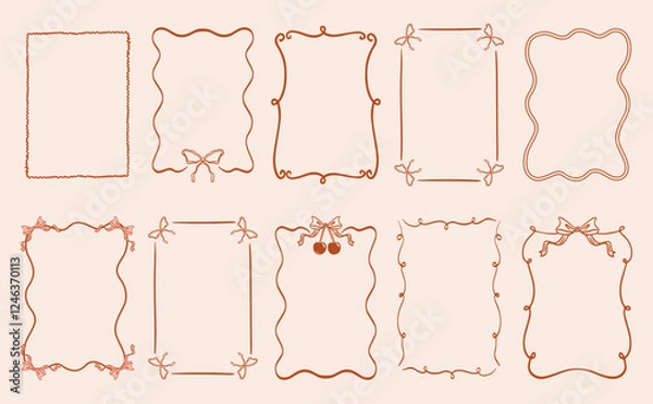 Fototapeta Vintage big set frame in hand drawn greeting card for wedding, menu, birthday, friendsmas, stylish and modern party invitation design. Wavy border with bow and cherry in an elegant coquette style.