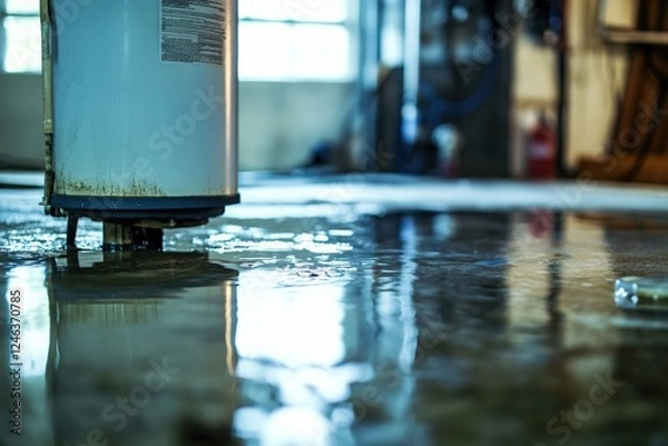 Fototapeta Water heater leaking in basement causing significant flooding on the floor. Generative AI