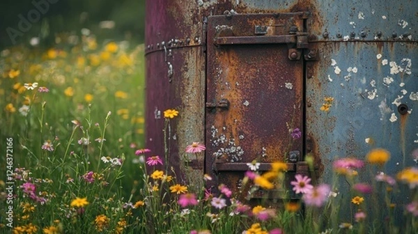 Fototapeta Rusty Metal Cylinder Surrounded by Colorful Wildflowers in Field