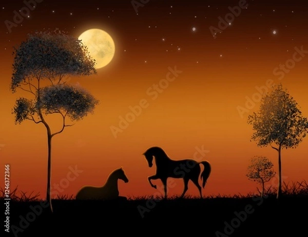 Obraz Silhouette of two horses in a meadow at night against a golden orang sky background with a bright shining moon and stars.