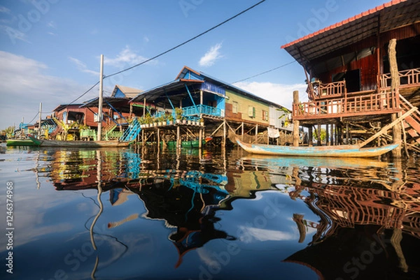 Obraz Kampong Phluk floating village with stilt houses on Tonle Sap lake in Cambodia..