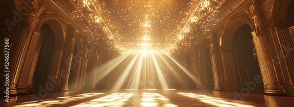 Fototapeta Elegant Palace Hall Illuminated in Warm Gold,
Luxurious Interior with Golden Sunrays