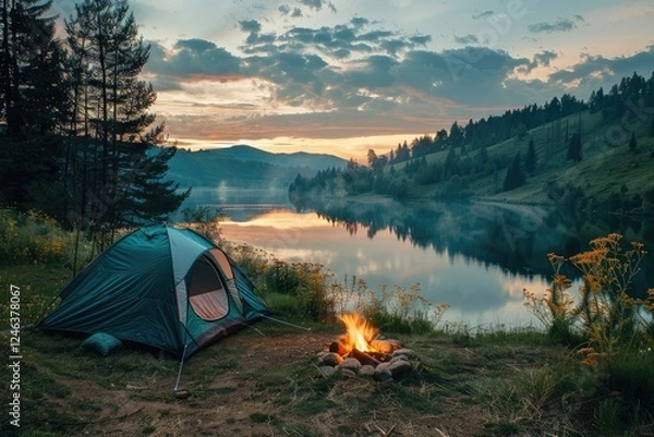 Fototapeta A tranquil lakeside campsite shows a brightly lit campfire surrounded by a tent and wildflowers under a beautiful dusk sky with mountains in the distance