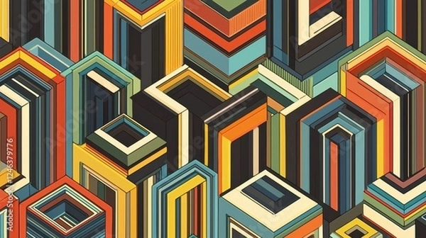 Fototapeta Dynamic geometric shapes creating visual harmony abstract art colorful composition indoor aerial view modern design