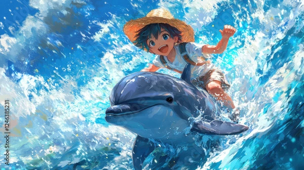 Fototapeta Boy in Straw Hat Joyfully Riding Dolphin Through Waves at a Sunny Beach